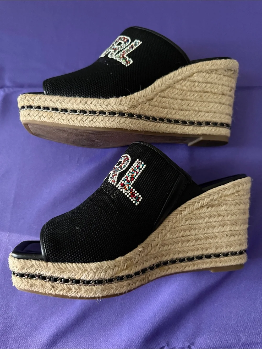 Karl Lagerfeld Paris Carissa Wedge Sandals  Black multi color Rhinestones Sz 8.5